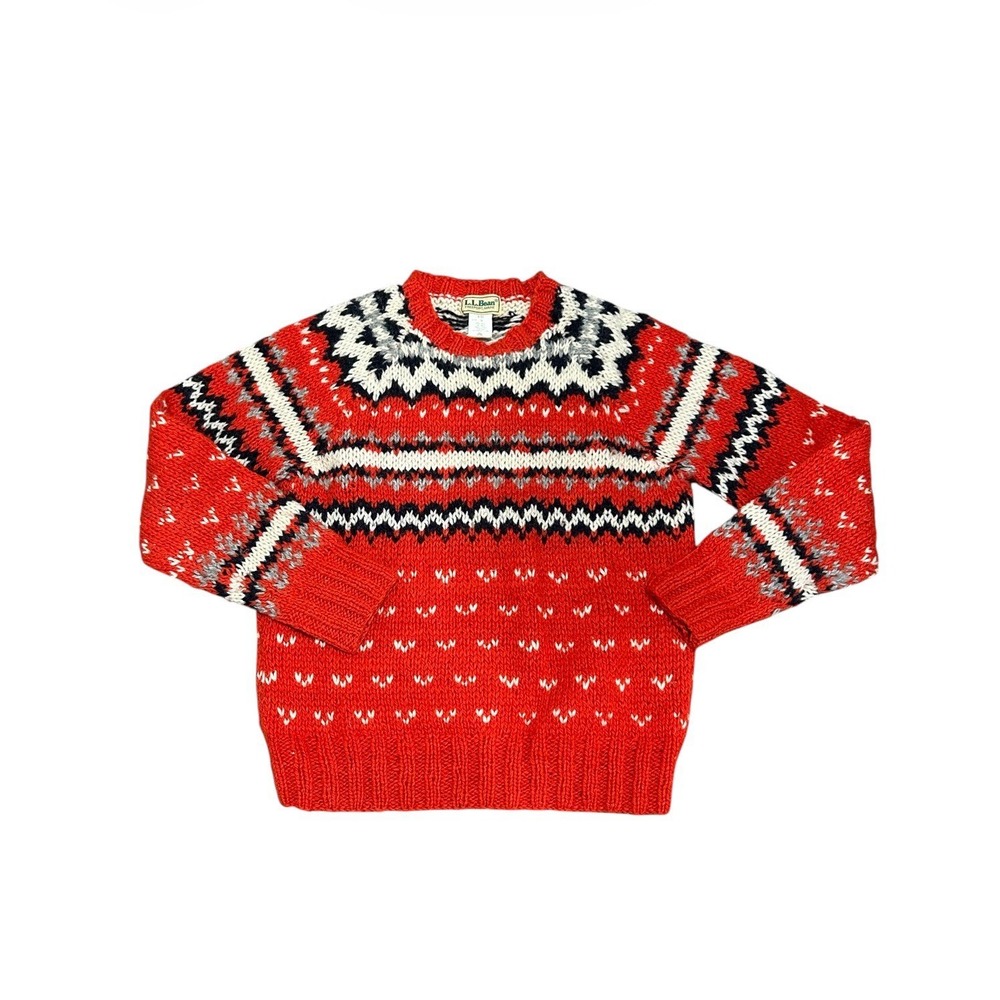 Vintage 80s 90s L.L.Bean Fair Isle 100% Wool Nordic Sweater Red Size M - Picture 4 of 7